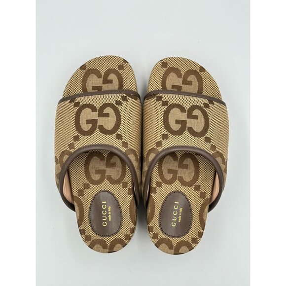 Gucci Monogram Jumbo GG Platform Slide Sandals Camel Ebony Size37 - Picture 8 of 13